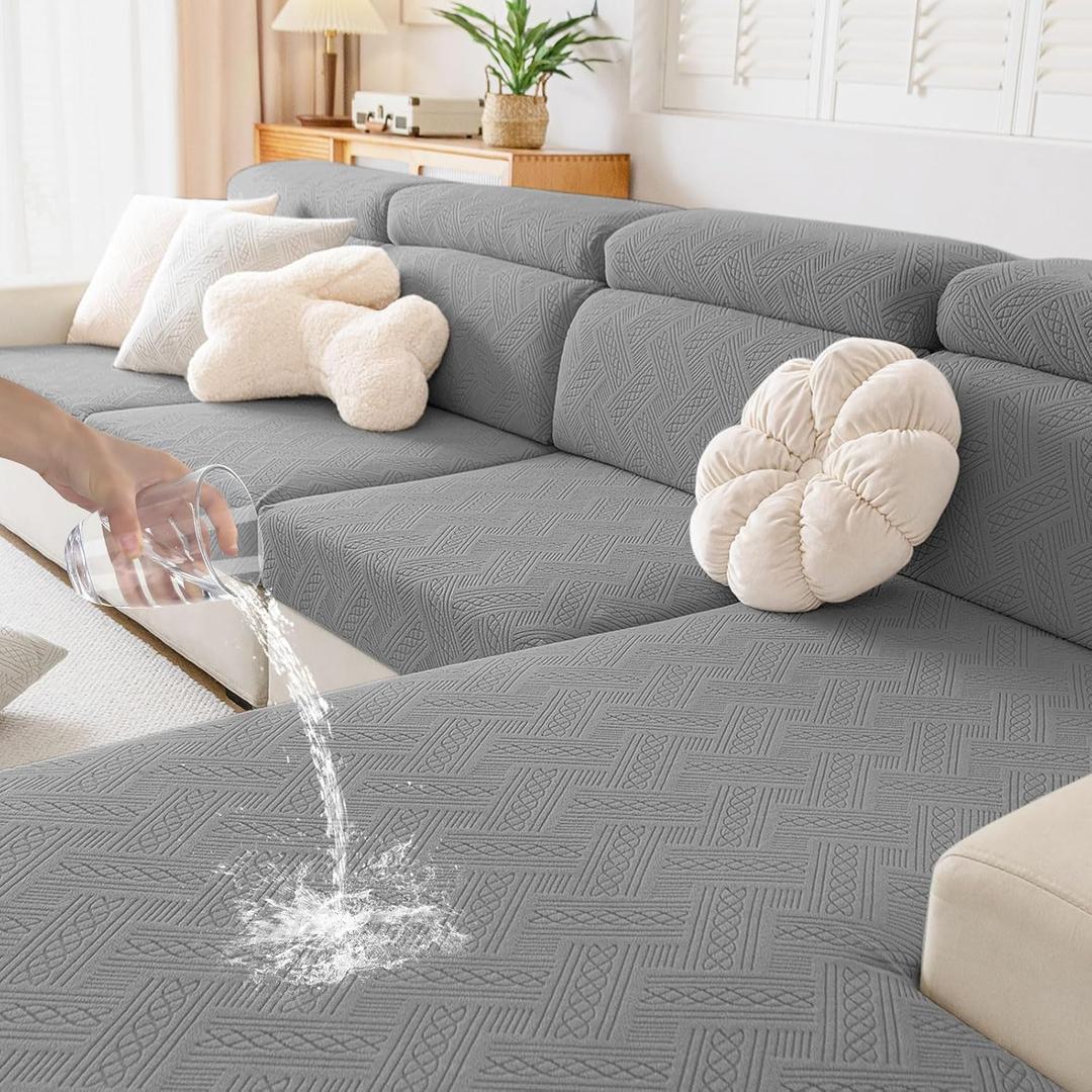 Hyha Waterproof Couch Cushion Covers, Waterproof Sectional Couch Covers for 3 Cushion Sofa for Pets, Stretch Sofa Slipcover Washable with Elastic Bottom(3 Packs, Grey) 25"D x 26"W x 7"H