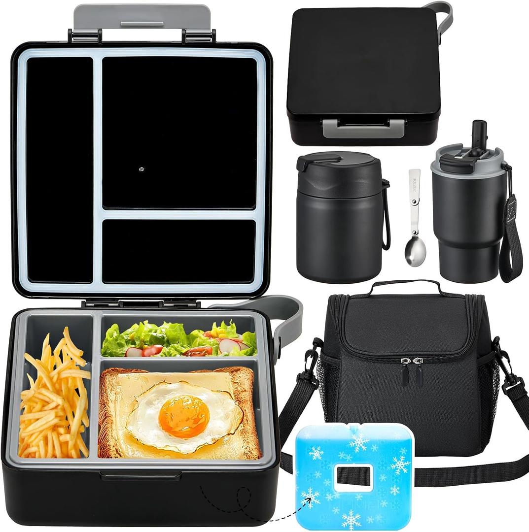 Lunch Box Set with Bento Box Container, 17OZ Stainless Steel Food Soup Thermo, Kids Water Bottle & Portable Insulated Lunch Bag  Leakproof, Hot/Cold Retention for School, Travel (Black)