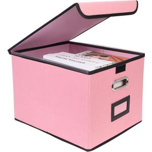 File Storage Box with Lid, 15.55x12.87x10.43 Inches, Foldable Organizer with Handles & Label Slot, for File Storage, Home, Office, and Closet Organization(Pink)