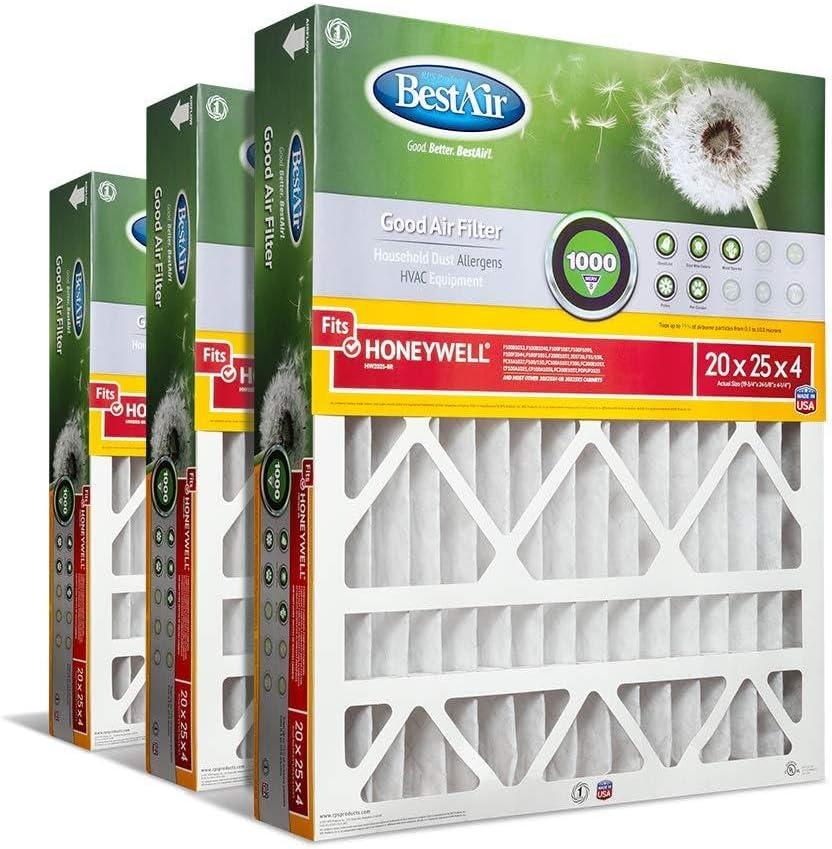 BestAir HW2025-8R AC Furnace Air Filter, 20" x 25" x 4", MERV 8, Removes Allergens & Contaminants, Fits 100%, For Honeywell Models, Pack of 3