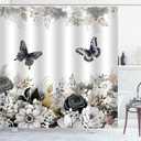 Black White Floral Shower Curtain, Flower Butterfly Shower Curtains for Bathroom Grey Floral Leaf Waterproof Fabric Bathroom Curtains 72x72 Inch with 12 Plastic Hooks