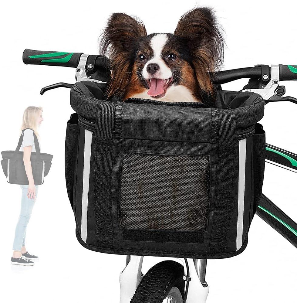 ANZOME Bike Basket, Folding Small Pet Cat Dog Carrier Front Removable Bicycle Handlebar Basket Quick Release Easy Install Detachable Cycling Bag Mountain Picnic Shopping