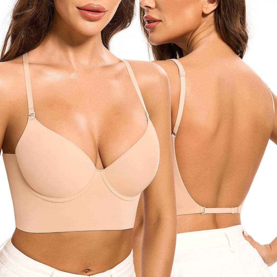 Low Back Bra for Women-Invisiable Backless Bras-Lightly Lined No Show Open Back Low Cut Bra Multiway Halter Bras (30C, Clay)