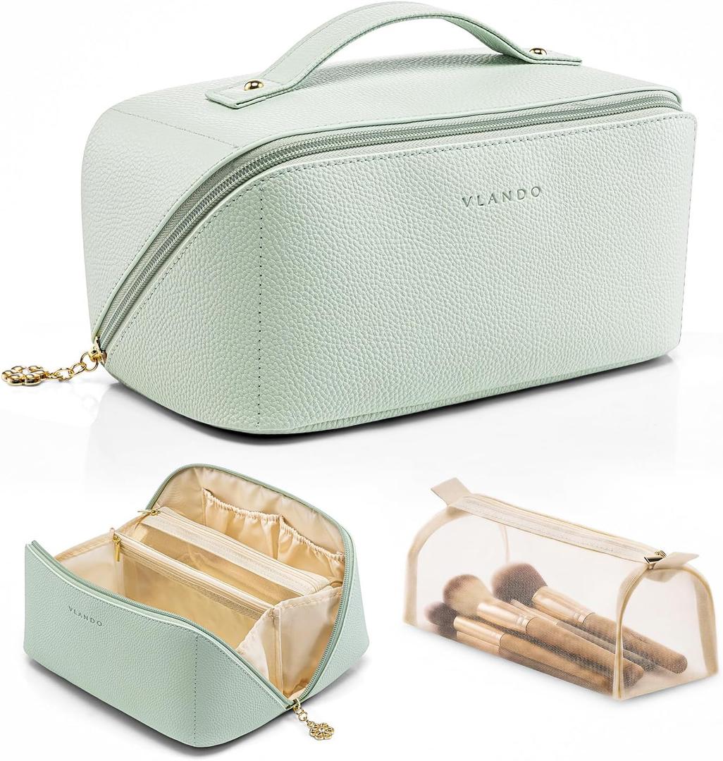 VLANDO Makeup Bag,Travel Toiletry Bag,Cosmetic Bag for Women PU Leather Portable Make up Bag for Skincare, Brushes & Travel Essentials-Mint Green