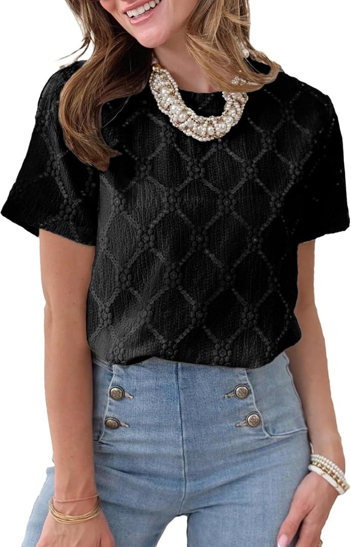 Dokotoo Women's Tops Casual Scoop Neck Short Sleeve Eyelet Embroidered Hollow Out Blouses Shirts (Black, XL)