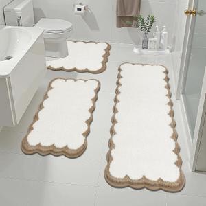 Pauwer Bathroom Rugs Set 3 Piece, Scalloped Non Slip Washable Bath Mat with U-Shaped Toilet Rug, Extra Absorbent Quick Dry Soft Plush Shower Mats for Floor Sink, Beige and Khaki, 18"x26"+18"x48"+U Shape 20"x24"