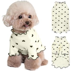 Pet Clothes for Small Dogs Cat Summer Fall Heart Print Shirt Stretchable Ruffle Long Sleeve Outfits for Chihuahua Schnauzer Shih Tzu Yorkie (Beige, Medium)