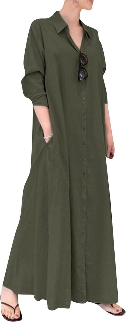 YMING Womens Cotton and Linen Shirt Dress Casual Loose Blouse Dress Solid Color Maxi Dresses Plus Size,  X-Large, Army Green