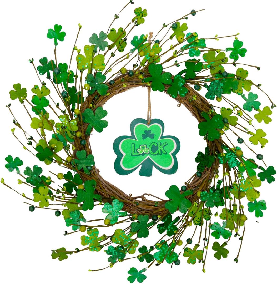 20 inch St. Patrick's Day Shamrocks Wreath for Front Door Handmade St. Patrick's Day Decorations Glitter Clover Wooden Sign Home Wall Window