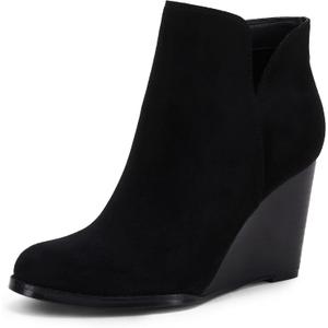 LAICIGO Womens V Cut Wedge Ankle Booties Zip-up Closed Toe Stacked Heel Faux Suede Winter Boots, Size 7
