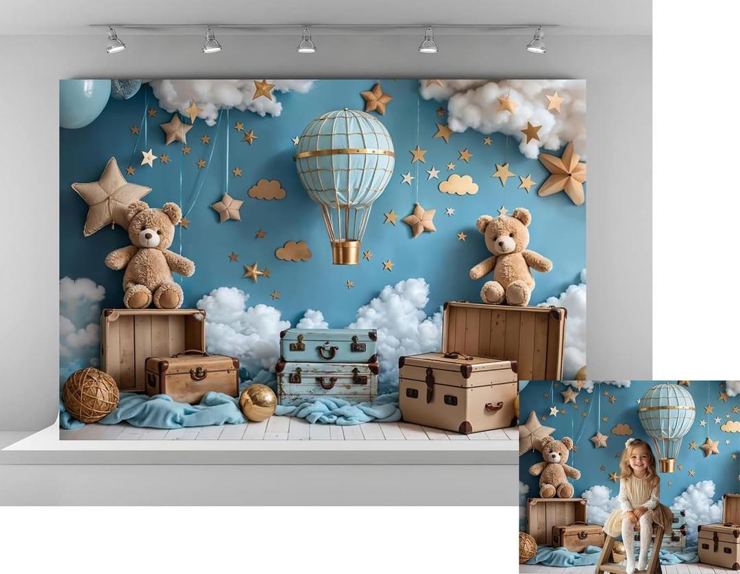 Kate 7x5ft Sweet 1st Birthday Party Backdrops for Photography Hot Air Balloon Background Toy Bear Cloud Backgrounds Baby Birthday Party Cake Smash Studio Backdrop