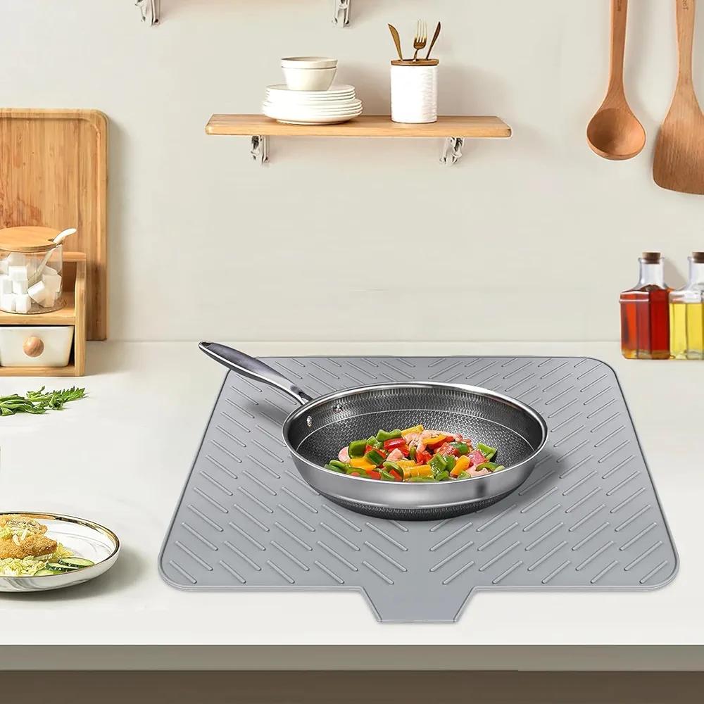 Silicone Dish Drying Mat with Built-in Drain Lip, Dish Drying Mats for Kitchen Counter, Hygienic Ultra Absorbent Dish Drying Pad, Space-Saving Tray Easy to Clean (Grey, L)