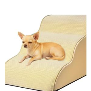Dog Stairs for Small Dogs 15.7”H, Checked Flocking Fabric, with Cushioning Support Layer,3-Step Dog Steps for Bed,Couch, Sofa and Chair, Non-Slip Balanced Pet Ramp Indoor, Beige