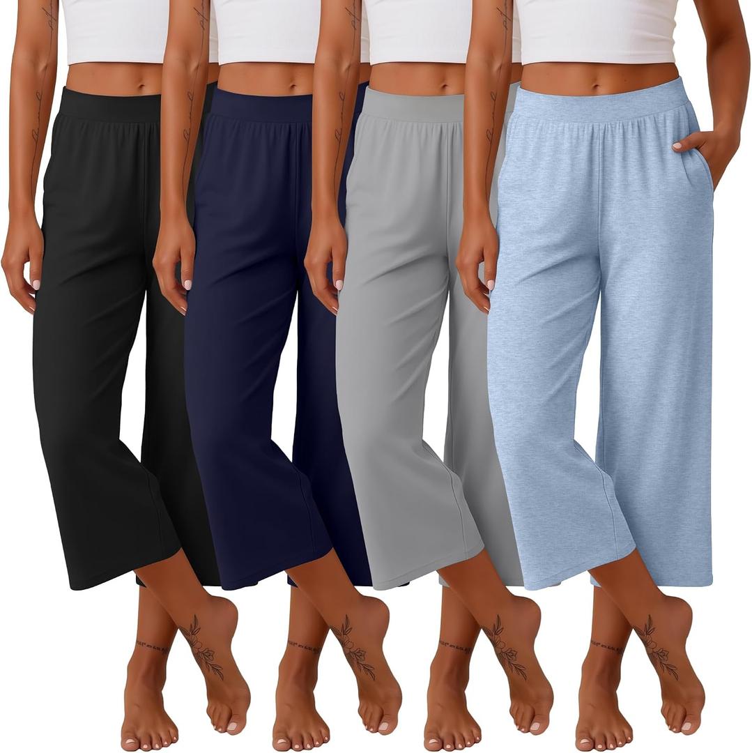 Neer 4 Pack Women's Capri Pants Wide Leg Capris Yoga Sweatpants Lounge Loose Fit High Waist Workout Cropped Pants with Pocket (XL)