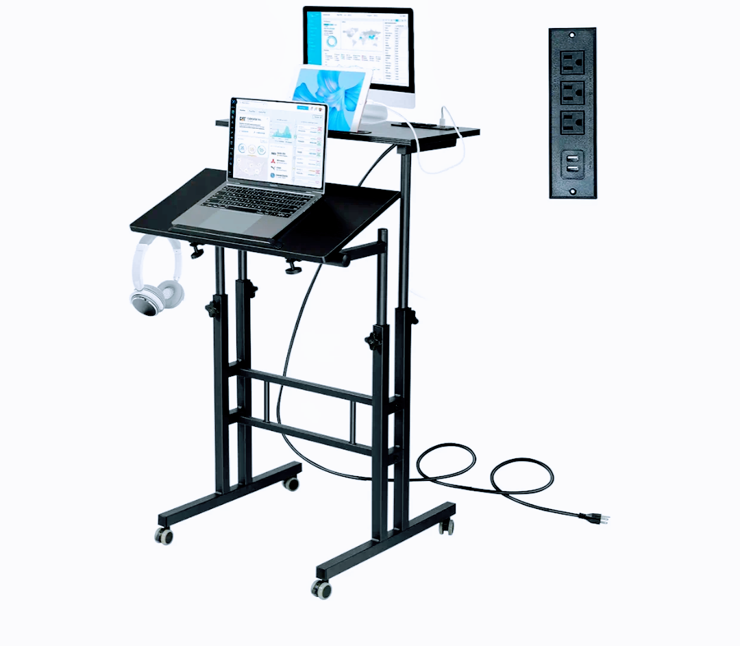 Hadulcet Mobile Standing Desk with Charging Station, Adjustable Standing Computer Desk, Standing Adjustable Laptop Cart with Wheels for Home Office Classroom Black