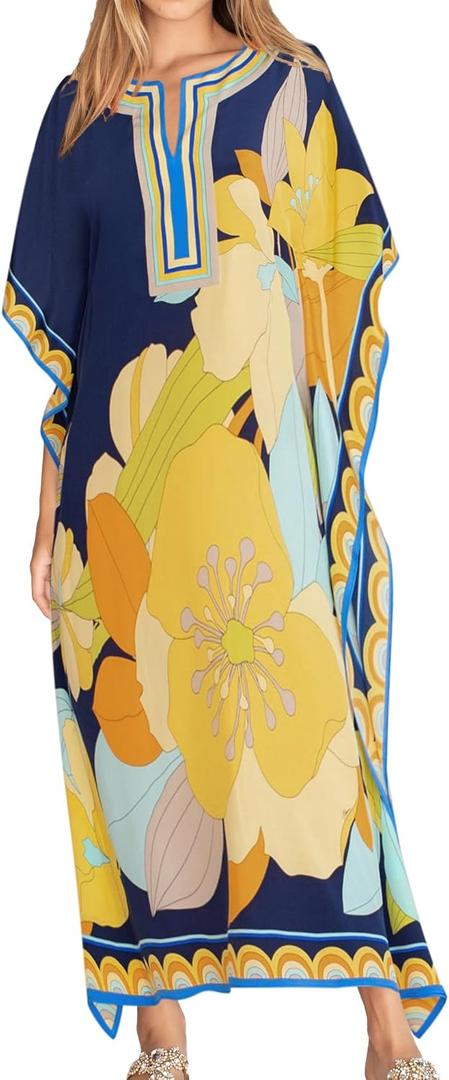Eddoyee Women Long Print Swimwear Cover Up Sexy V Neck Side Split Beach Caftans Lounge Dresses