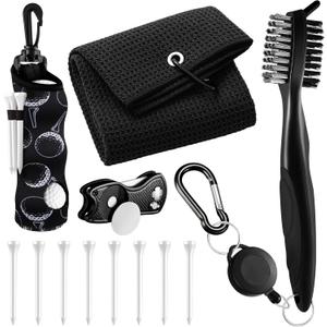 Liliful 12 Pcs Golf Accessories Kit, Include Golf Ball Bag with Hook Towel Tees Magnetic Ball Marker Divot Tool Cleaner Brush for Women Man Gifts (Black)