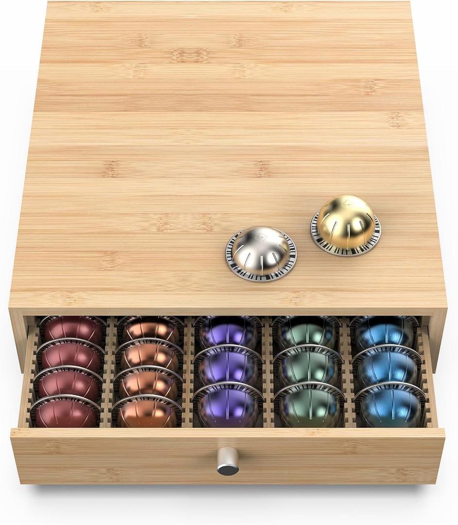 for Nespresso Vertuo Capsules (NV145) - Premium Bamboo Coffee Pod Drawer, 45 Big or 60 Small Vertuoline Pods Organizer - 13.25"Wx14"Dx3.9"H (Natural) (Wider 60 Capacity)