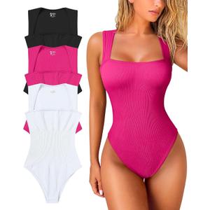 OQQ Women's 3 Piece Bodysuits Sexy Ribbed Strappy Square Neck Sleeveless Tummy Control Tank Tops Bodysuits Size M