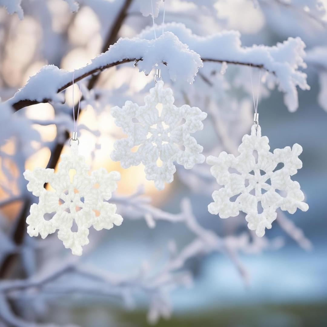 Giegxin 12 Pcs White Christmas Crochet Snowflake Ornament, Christmas Tree Ornament Decorative Boho Handmade Car Mirror Hanging Accessories