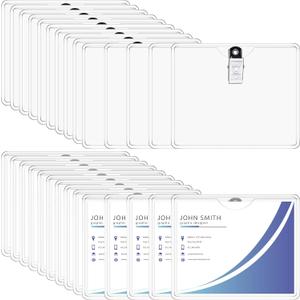 Eaasty 100 Pcs Clear Name Badge Holder with Clip ID Tags Holders for Badges PVC Waterproof Horizontal Name Badges with Clips for Teacher Office Employee 2.25 x 3.5 Inch