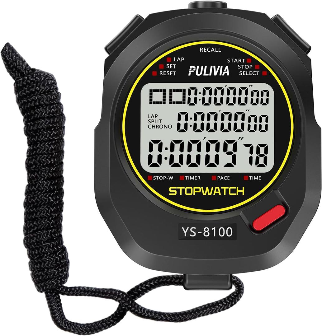 PULIVIA Stopwatch Timer Lap Split Digital Stopwatch with Clock Calendar Alarm, Large Display Stop Watch for Sports Kids Coaches Swimming Running