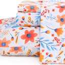 JSD Floral Printed Sheet Set Queen Size, 4 Piece Flower Pattern Microfiber Bed Sheets Deep Pocket (Blue Orange Floral)