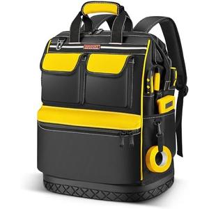 LOKASS Tool Bag Backpack, Heavy Duty Tool Backpacks with Combination Lock, Waterproof Tool Bags for Tools Storage and Organization, Black/Yellow