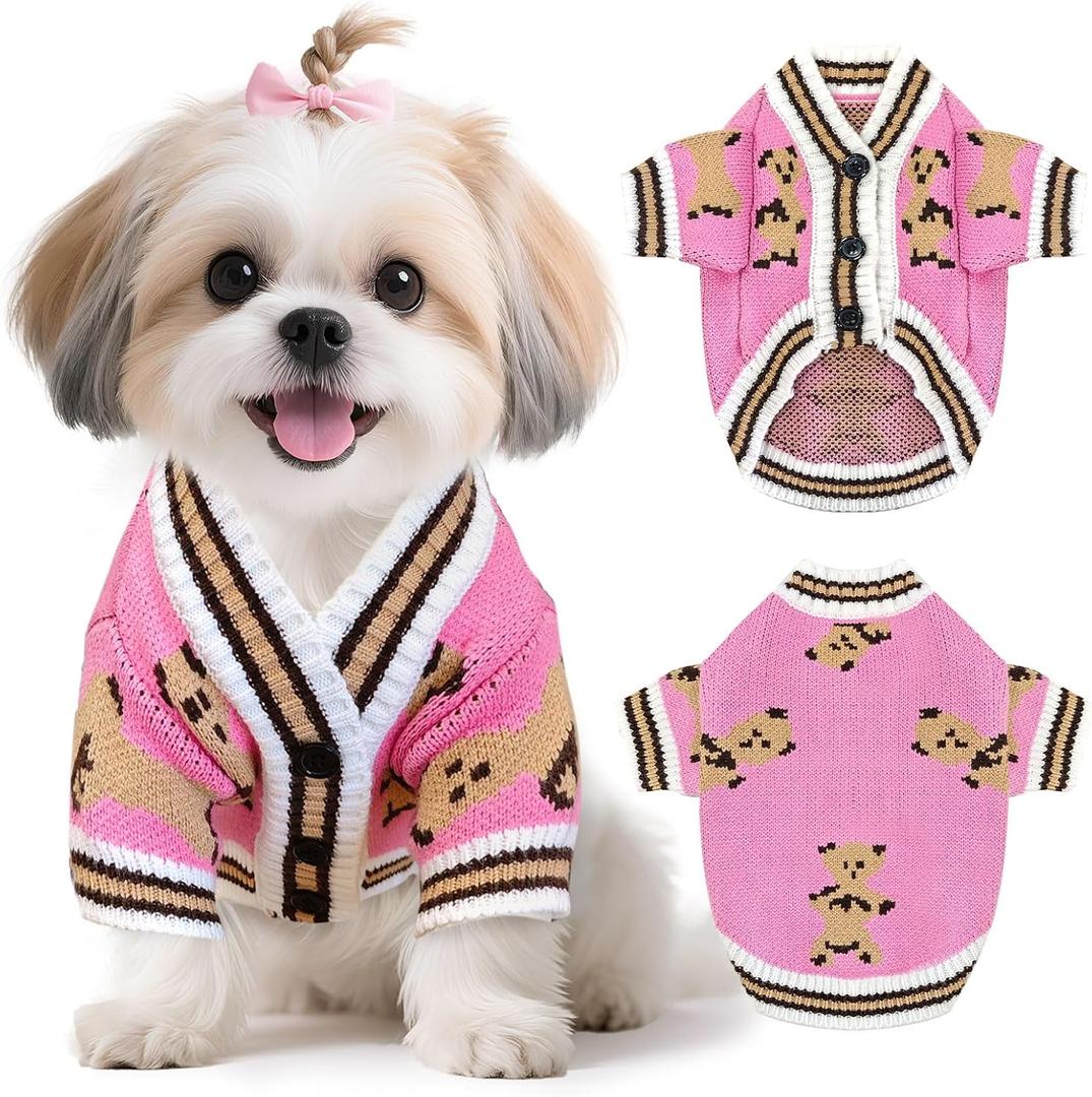 Small Dog Sweaters Cute Bear Knitted Dog Cardigans Clothes for Small Medium Dogs Soft Pet Puppy Cat Knitting Outfits Fall Winter Warm Boy Girl Dogs Knitwear Coat Apparel (Pink, Small)