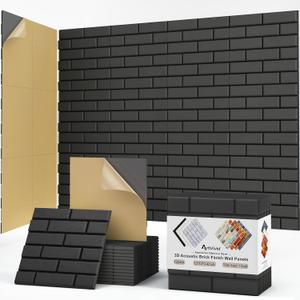 12Pack Acoustic Panels, Self-Adhesive 3D Brick Pattern Sound Proof Panels for Walls, Decorative Sound Dampening Wall Panels for Recording Studios, Offices, Home, 12"12"0.4", Black