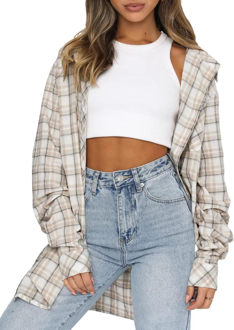 Lacozy Womens Buffalo Plaid Flannel Shirt Long Sleeve Collar Button Down Blouses Tops (Medium, Light Apricot White)