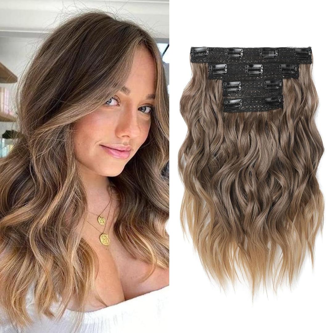 Clip in Hair Extensions, 14" Beach Wave Brown Hair, 4PCS Natural Soft Synthetic Hairpiece - Light Brown with Golden Ends