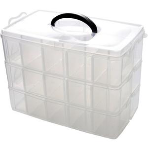 Kamay's 3-Tier Transparent Stackable Adjustable Compartment Slot Plastic Craft Storage Box Organizer Snap-lock Tray Container 3 Sizes 4 Candy Colors (Large 30 Compartment, White)