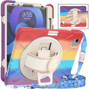 BATYUE iPad Air 5th/4th Generation Case 10.9 inch (2022/2020), iPad Pro 11" 4th/3rd/2nd/1st Gen Case (2022/2021/2020/2018), with Pencil Holder+Kickstand+Shoulder Strap (H-Adjustable Hand(Colorful Red))