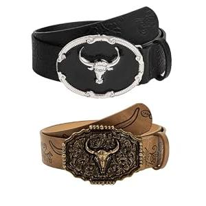 SHENHE Women's 2 Piece PU Leather Cowboy Belts Western Bull Head Buckle Vintage Belt Black and Brown suit waist size:41.3-45.3"
