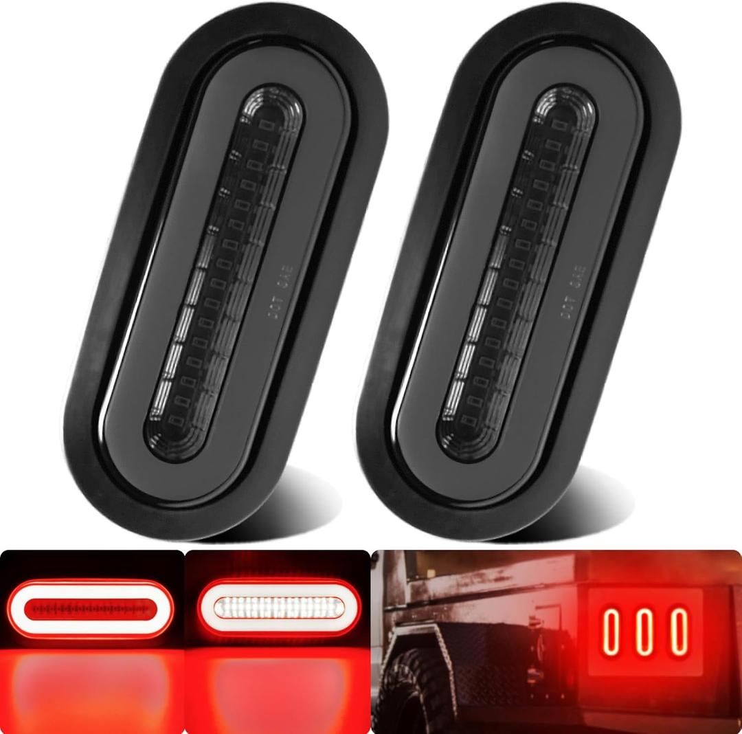 2Pcs 6" inch Smoked Lens Oval Red 52 LEDs Trailer Boat Halo Brake Stop Running Turn Signal Tail Lights Patented w/Rubber Grommet, Sealed Submersible IP67 for Truck/RV/Van, DC 12V