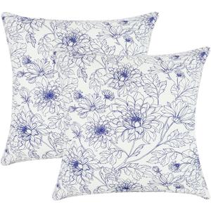PurpleEssences Floral Pillow Covers Flower Blue Cream Decorative Throw Pillow Covers Set of 2 Chinoiserie 100% Cotton - Spring Summer Easter - 18 x 18 Inch - Blue/Cream