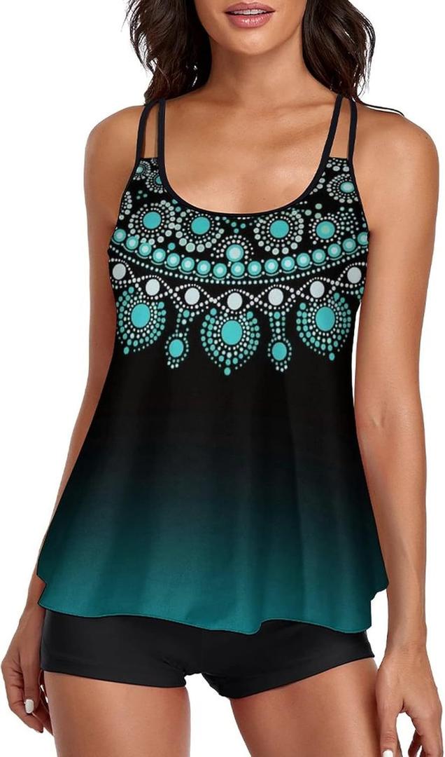 Urchics Womens 2025 Tankini Swimsuits Tummy Control Flowy Swimwear Two Piece Bathing Suits Swim Tank Top with Boyshorts (Large, Green Folk Floral)
