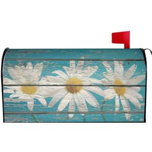 Sweetshow Rustic Spring Daisy Mailbox Covers Magnetic Standard Size 21x18 Inch Teal Old Wood Board Mailbox Decals Mailbox Wrap Post Letter Box Cover Mailbox Post Cover for Garden Yard Decor