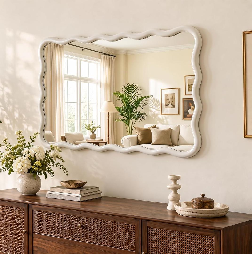 Wavy Mirror for Wall, White Squiggly Mirror with Solid Wood Frame, Modern Decorative Wall Mirror Vanity Mirror for Bathroom Bedroom Living Room Dining Room Entryway