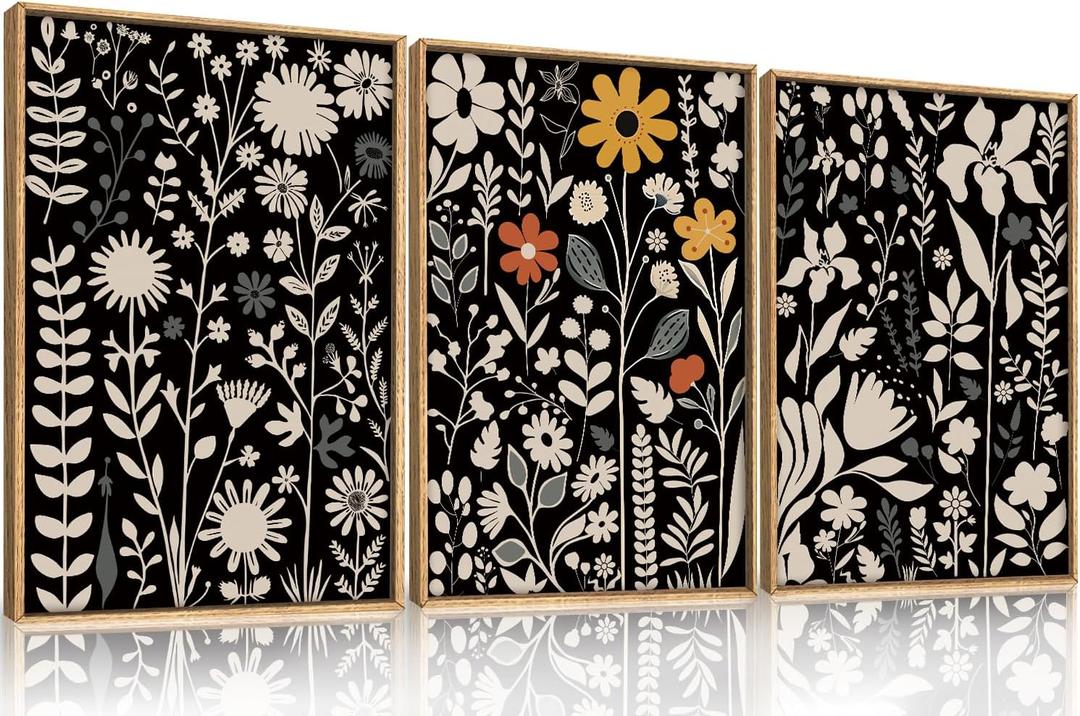HOURIA Large Moody Boho Floral Framed Canvas Wall Art Set,  Mid Century Black Flower Leaf Wall Decor, Retro Dark Wildflower Artwork, Minimalist Botanical Art Print for Living Room, Bedroom, Office-24"x36"x3