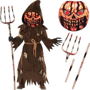 Morph Scary Pumpkin Costume With Pitchfork and Mask, Scary Halloween Costumes For Kids Pumpkin Costume Kids Reaper Costumes (Medium)