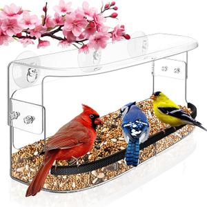 Ermete Window Bird Feeder with Strong Suction Cups, Large View Clear Feeder, Seed Tray, 13in x 5.5in x 4.2in for Outside Weather Proof