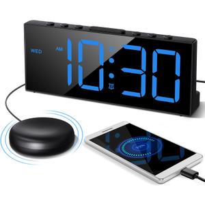 Digital Alarm Clock with Bed Shaker, Large Numbers Plug in Alarm Clock for Heavy Sleepers Adults Teens with USB Charger, Dual Alarm, 12/24Hr, Snooze, Dimmable, Adjustable 3-Levels Volume-Black