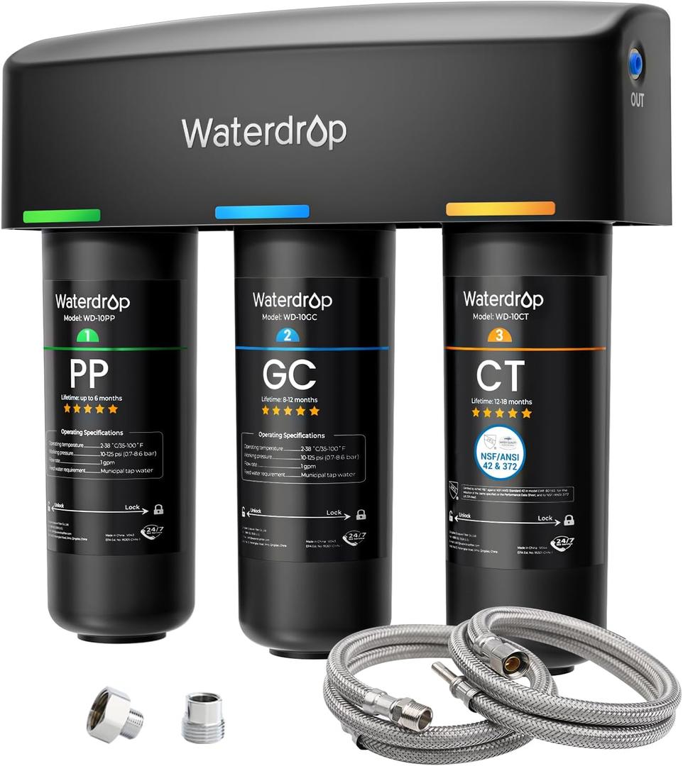 Waterdrop TSA 8 Layer Under Sink Water Filter System, Under Sink Water Filtration System, Reduces PFAS, PFOA/PFOS, Fluoride, Chlorine, Bad Taste & Odor, NSF/ANSI 42 Certified, Direct Connect to Faucet