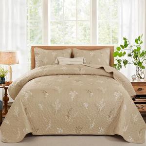 Drucon Beige Queen Size Quilt Set Branch Bedspread Coverlet Set, Beige Botanical Floral Pattern Quilted Bedding Set 3 Piece Soft Lightweight Microfiber Bed Cover for All Season (96''x90'')
