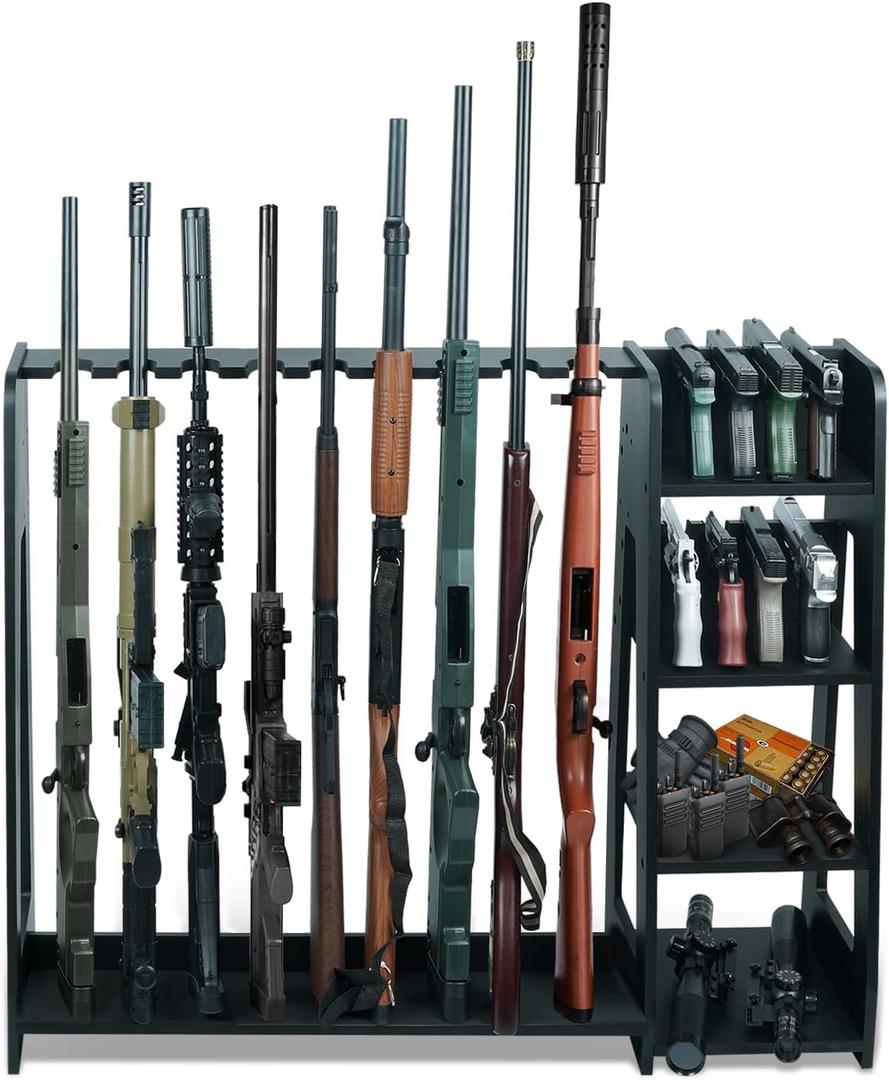 Gun Racks,Wooden Rifle Racks with Pistol Rack, Floor Standing Shotgun Rack Indoor, Gun Display Rack for Home Garage Gun Storage - Holds up to 9 Long Guns and 8 Handguns