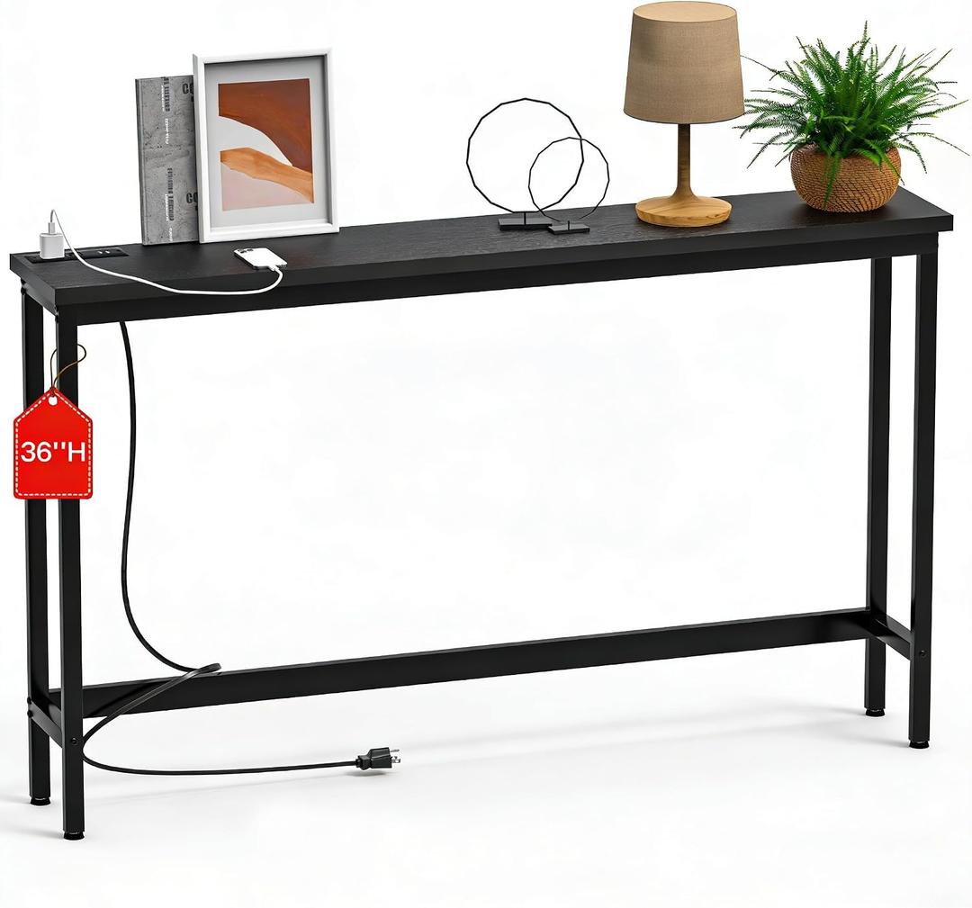 FAMIDGE 36'' Console Table with Outlet, Sofa Table, Behind Couch Table, Narrow One-piece Tabletop for Entryway Hallway, Living Room, Black, 47 inches x 8 inches x 32 inches