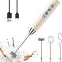 YUSWKO Beige Handheld Milk Frother Wand for Coffee, Rechargeable Electric Whisk with 3 Heads 3 Speeds Drink Mixer Coffee Frother For Latte, Cappuccino, Hot Chocolate, Egg