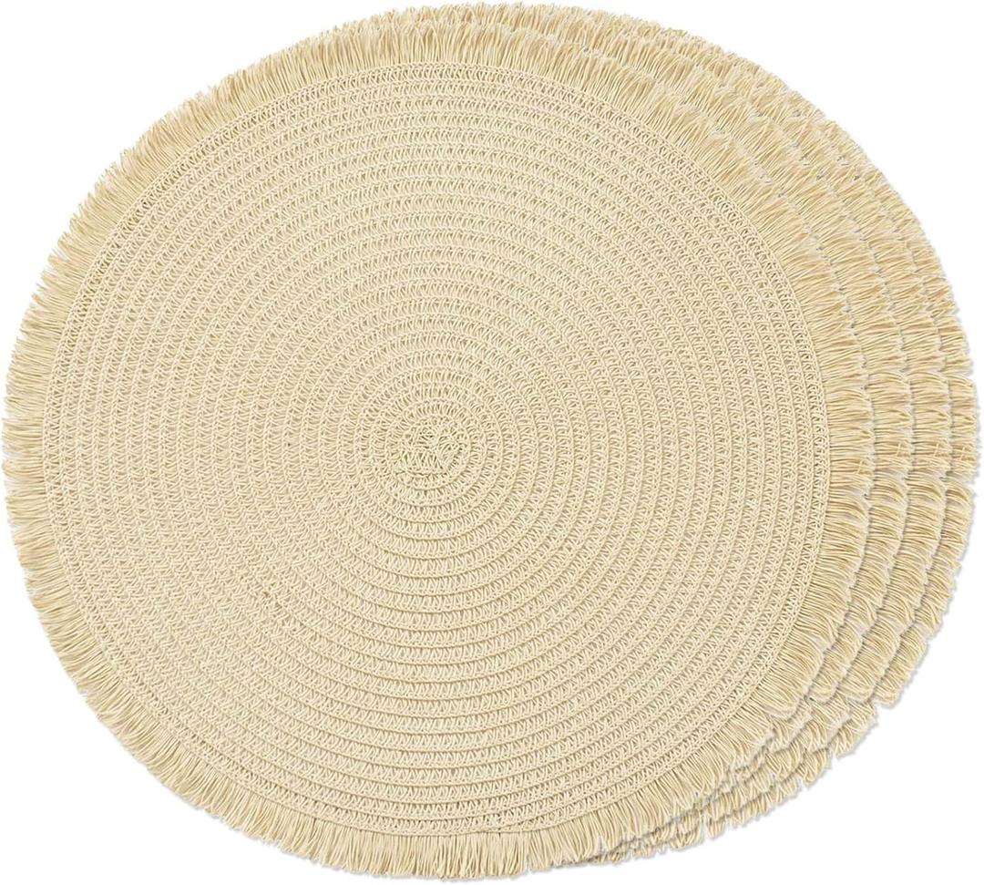 FunWheat Paper Round Braided Placemats Set of 4 for Dining Tables 15 Inch Heat Resistant Table Mats Farmhouse Woven Fabric Natural Place mats for Decoration with Tassel(Beige,4pcs)